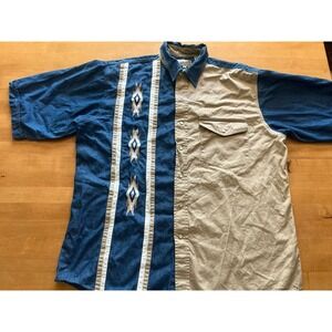 Vtg Express Rider Denim Shirt Men Large Southwest Khaki Sawtooth Pearl Snap